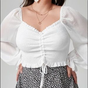 White lantern sleeve shirred ruched knot crop
